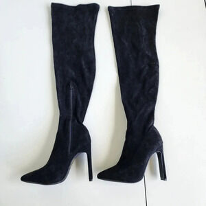 NWT Fashion Nova Size 6 Black Faux Suede Over The Knee High Heel Boots